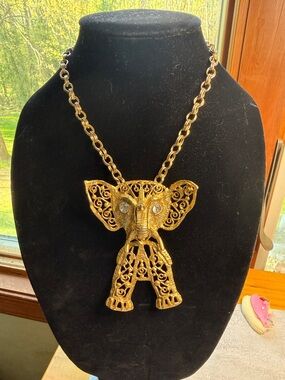 Gold Elephant Filigree Brooch with Crystal Eyes